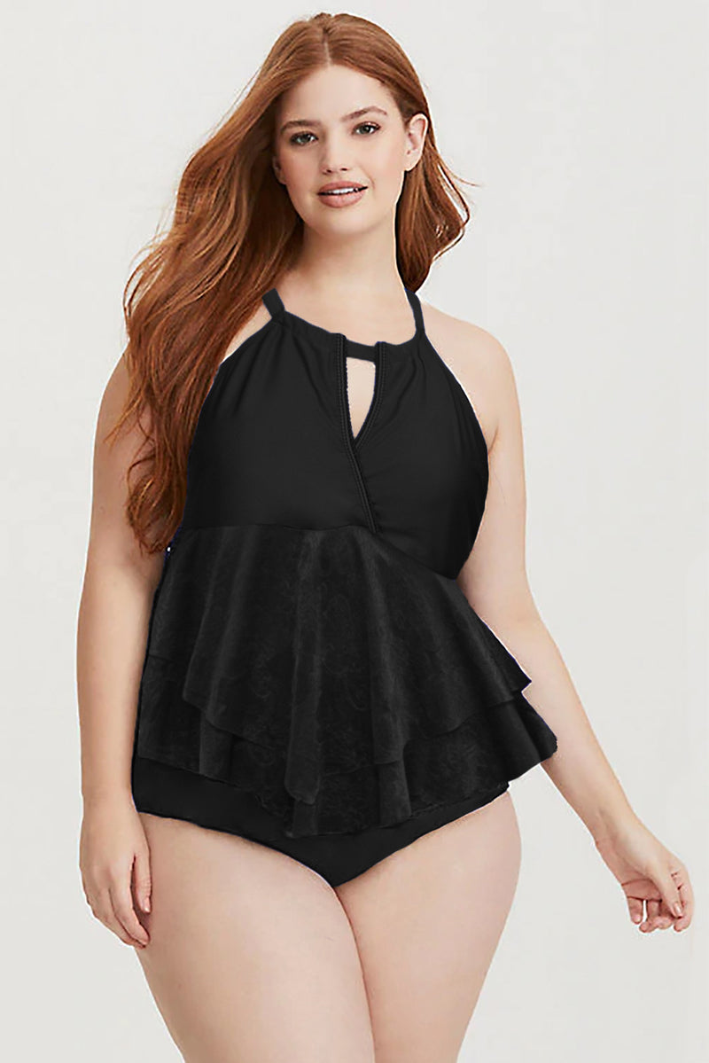 Black Plus Size Lace Surplice Ruffle One-piece Swimsuit