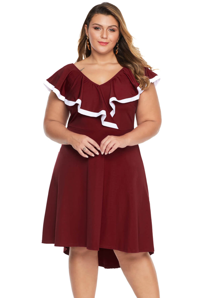 Red Frill Dip Hem Plus Size Dress