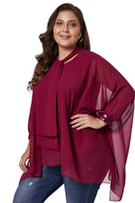 Burgundy Long Sleeve Chiffon Overlay Plus Size Blouse