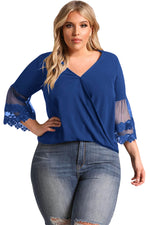 Navy Blue Tulle Embroidered Bell Sleeve Plus Size Blouse