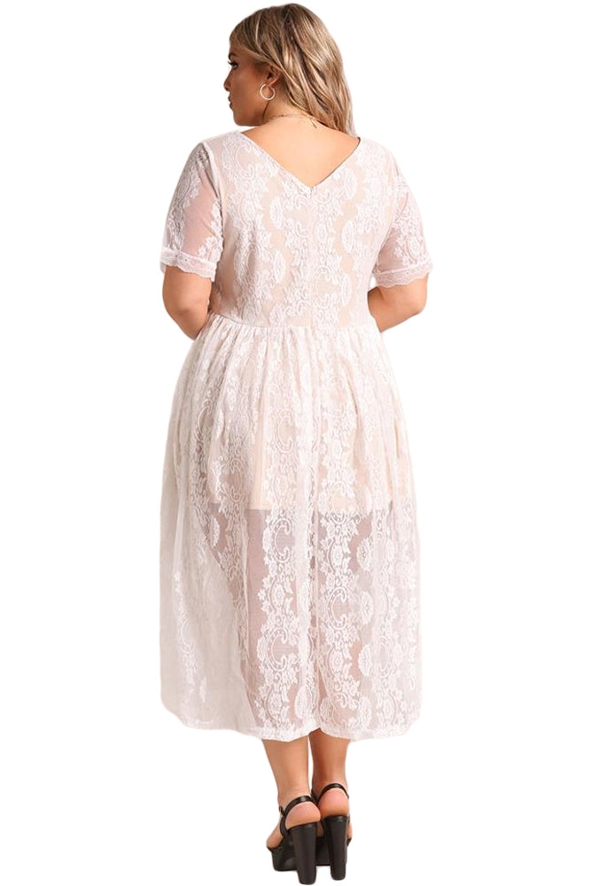 White Plus Size Floral Lace Flared Midi Dress