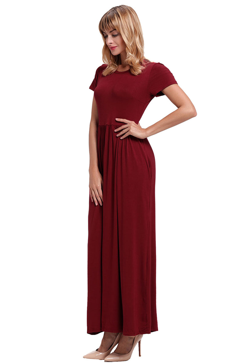 Wine Short Sleeve Ruched Waist Maxi Dress