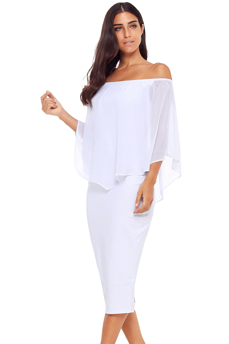 White Off Shoulder Sleeve Detail Bodycon Midi Dress