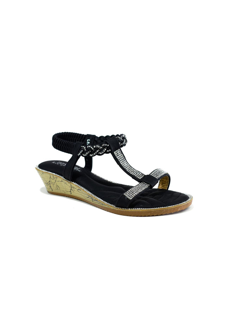 Women's Open Toe Diamante Wedge Sandals Black