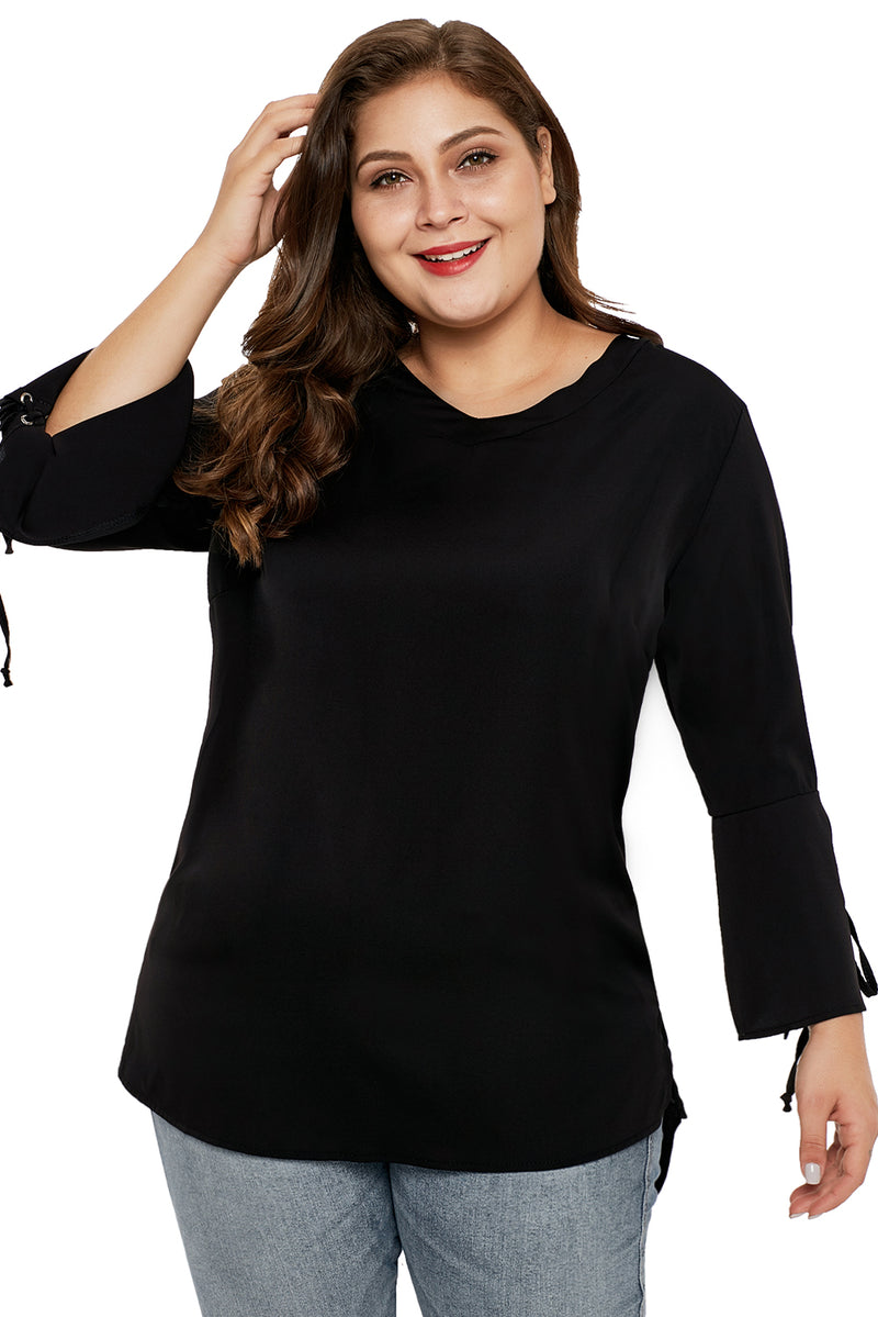 Black Lace Up Bell Sleeve Plus Size Top