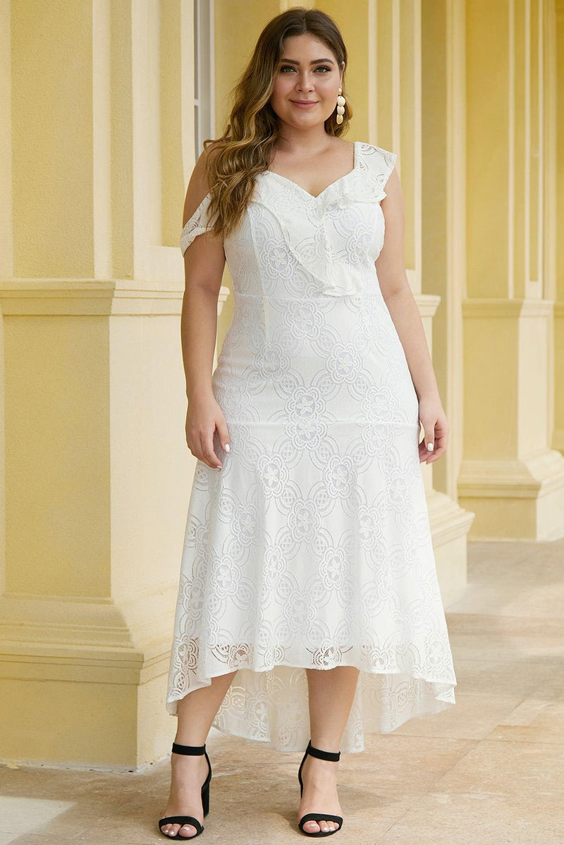 White Asymmetric Ruffle Shoulder Design Plus Size Lace Dress