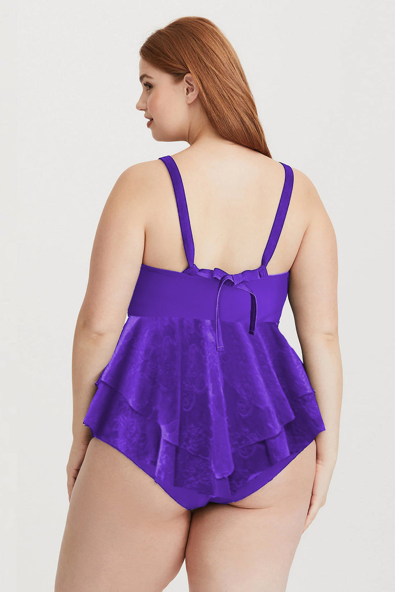 Purple Plus Size Lace Surplice Ruffle One-piece Swimsuit