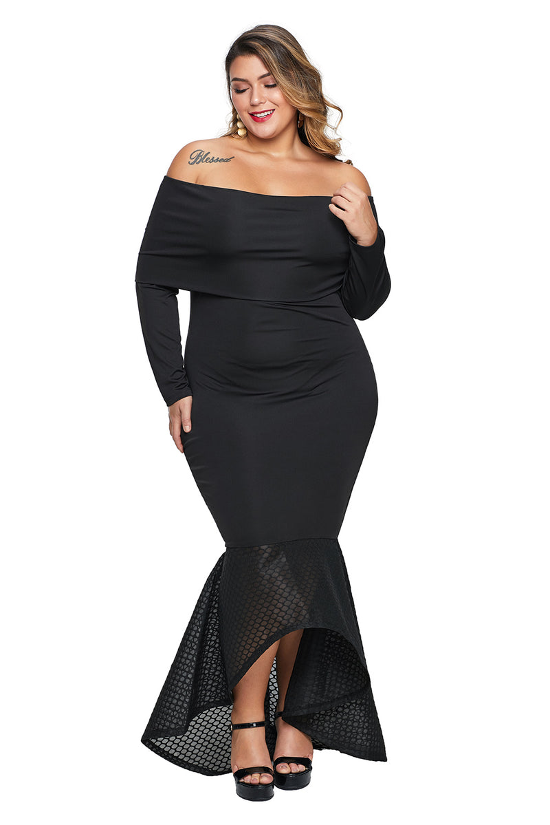 Black Overlay Off Shoulder Fishtail Plus Size Maxi Dress