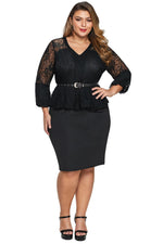 Black Plus Size Lace Bodice Peplum Dress with Belt