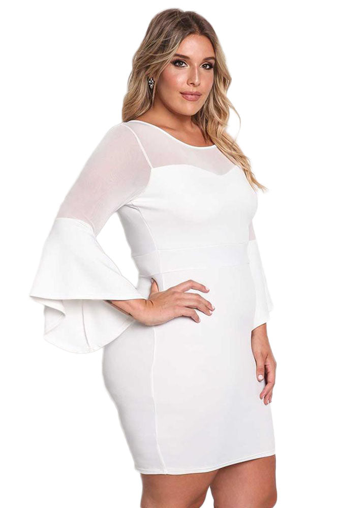 White Plus Size Mesh Trim Bell Sleeve Bodycon Dress