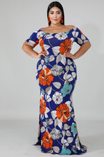 Blue Off-the-shoulder Floral Print Plus Size Maxi Dress