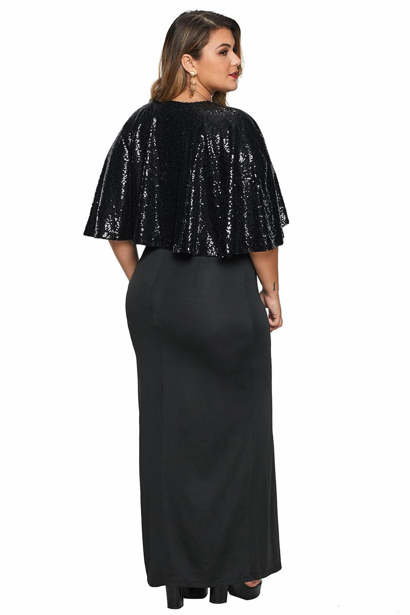 Black Sequin Cape Plus Size Maxi Dress