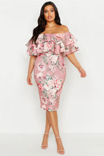 Pink Plus Off Shoulder Floral Ruffle Midi Dress