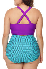 Plus Size Purple & Blue Scalloped Detail High Waist Swimsuit