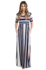 Muted Multicolor Striped Half Sleeve Casual Maxi Dress