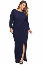 Blue Plus Size Long Sleeve Twist Detail Maxi Metallic Dress