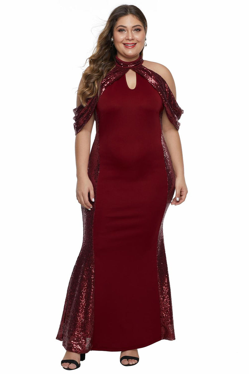 Red High Neck Drop Shoulder Sequin Décor Plus Size Gown