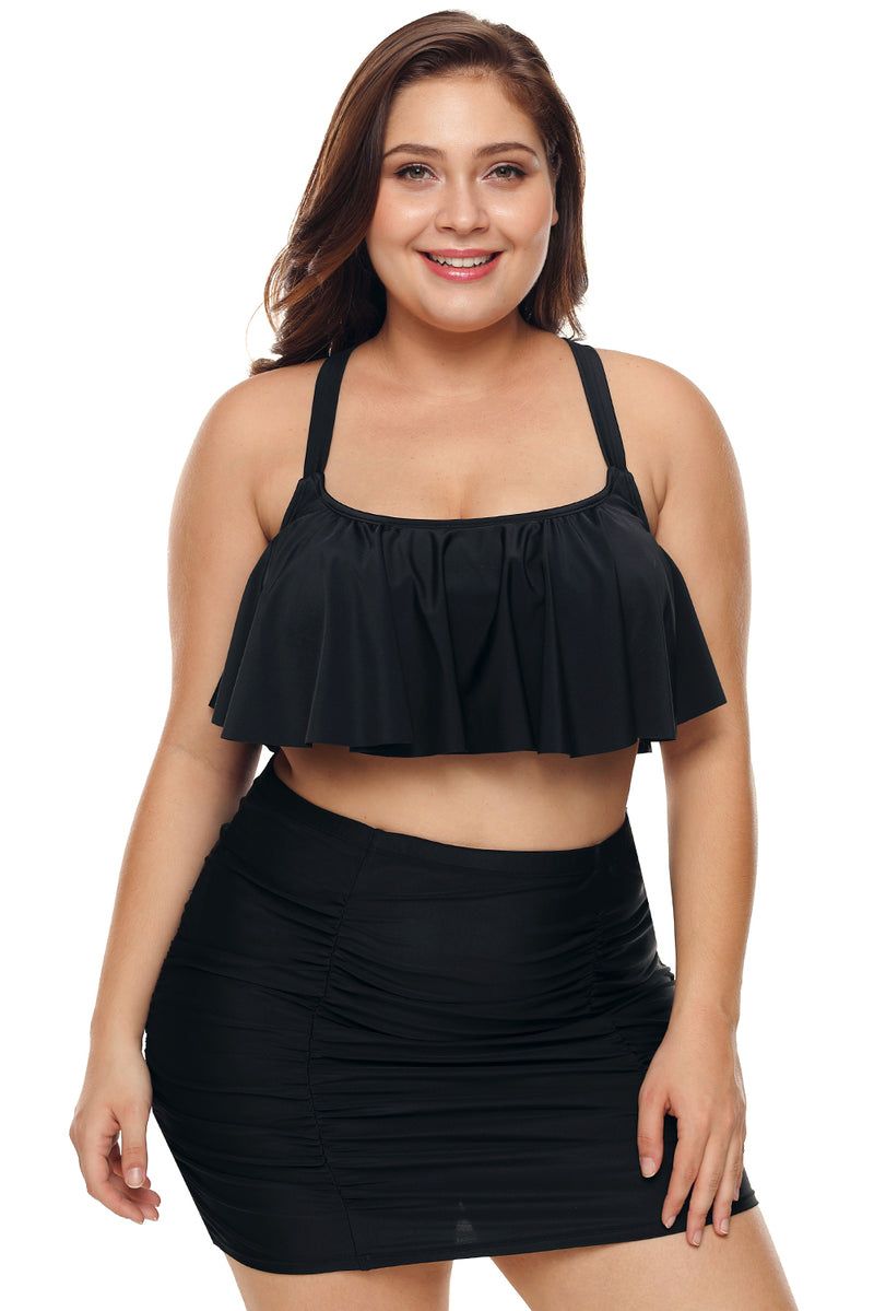 Black Strappy Ruffle Plus Size Two Piece Swimwear