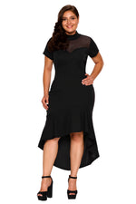 Black Mesh Insert Ruffled Hi-low Hem Curvy Dress