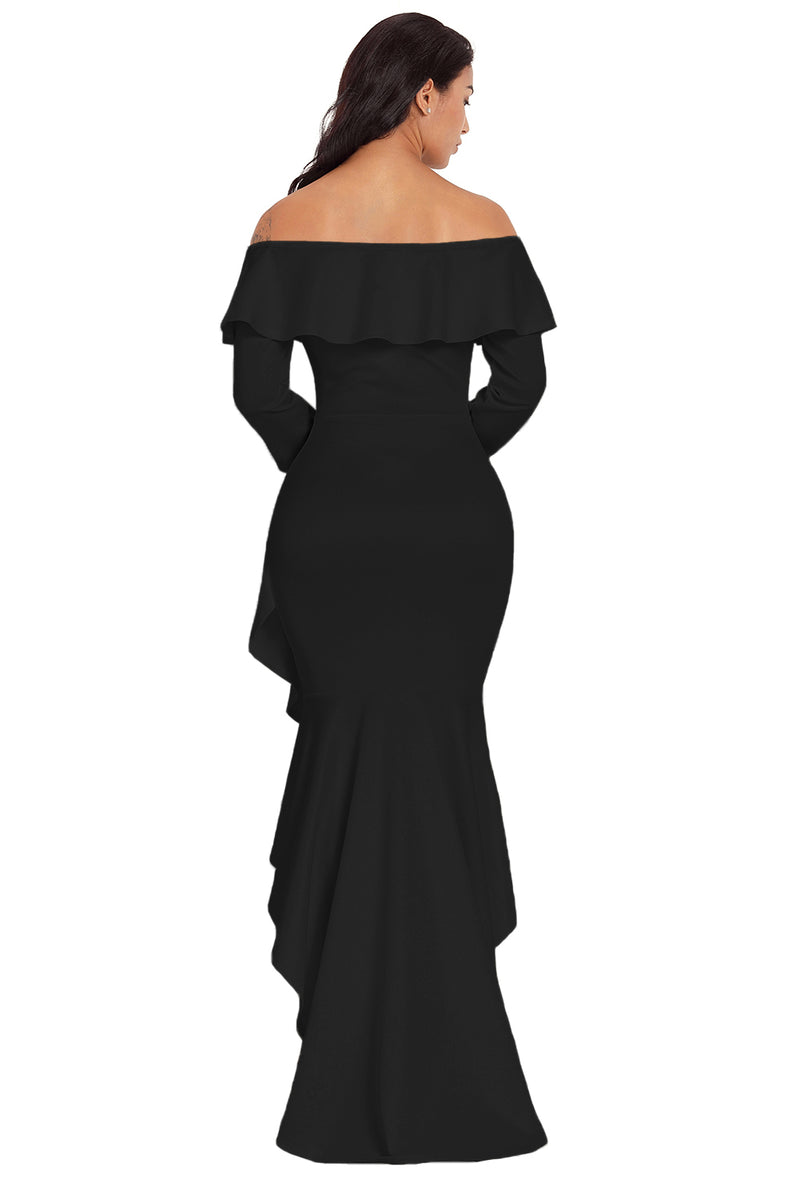 Black Lantern Sleeve Asymmetric Ruffle Hem Evening Dress