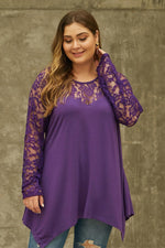 Purple Plus Size Lace Yoke Stitching Asymmetic Hemline Top