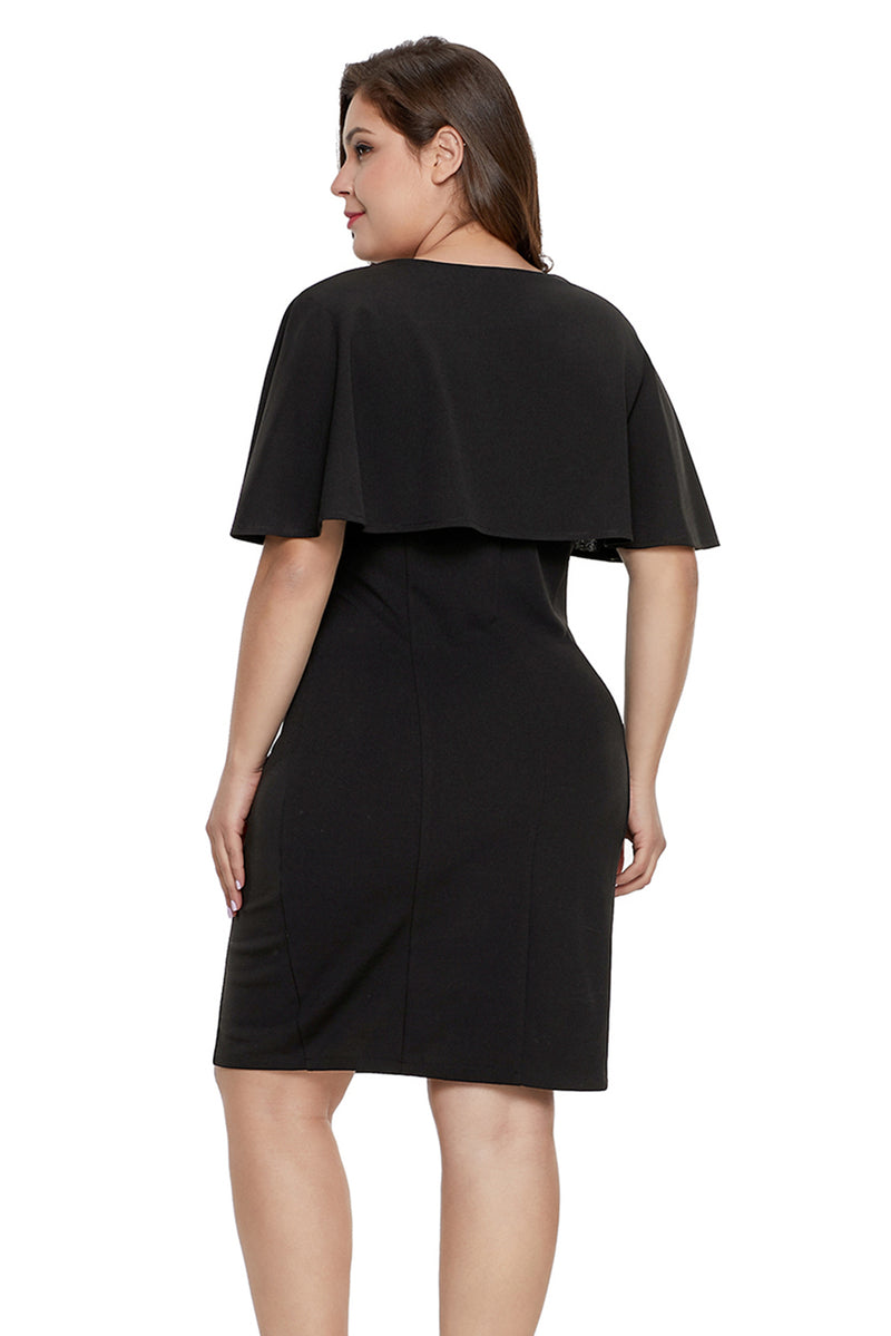 Black Button Front Capelet Sheath Plus Size Dress