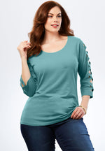 Light Blue Lattice Quarter Sleeved Plus Size Top