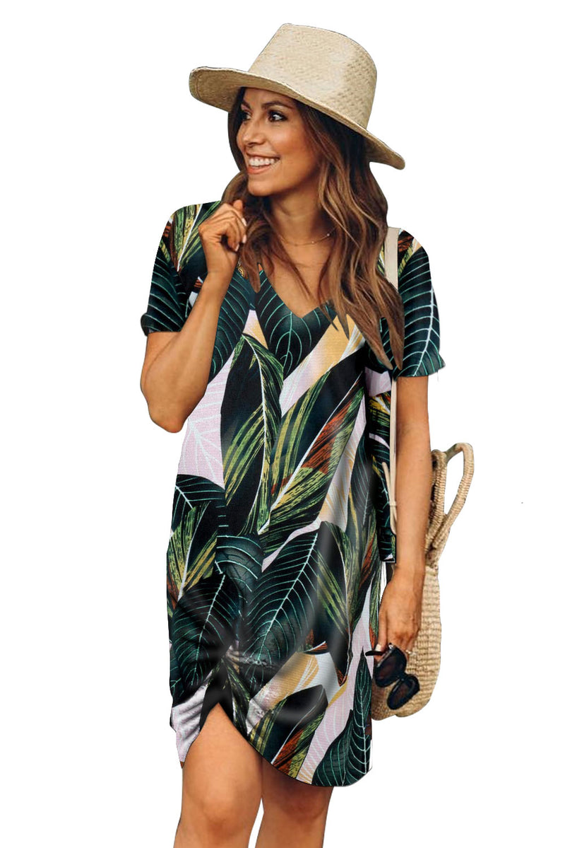 Green Palm Print Short Sleeve Side Knot T-shirt Dress