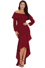 Burgundy Lantern Sleeve Asymmetric Ruffle Hem Evening Dress