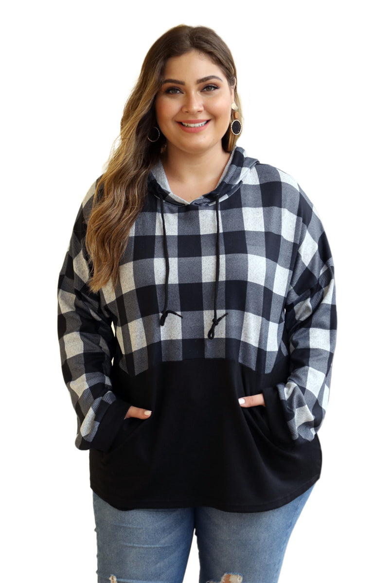 Black Plaid Patchwork Plus Size Hoodie