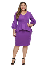 Purple Bell Sleeve Plus Size Peplum Dress