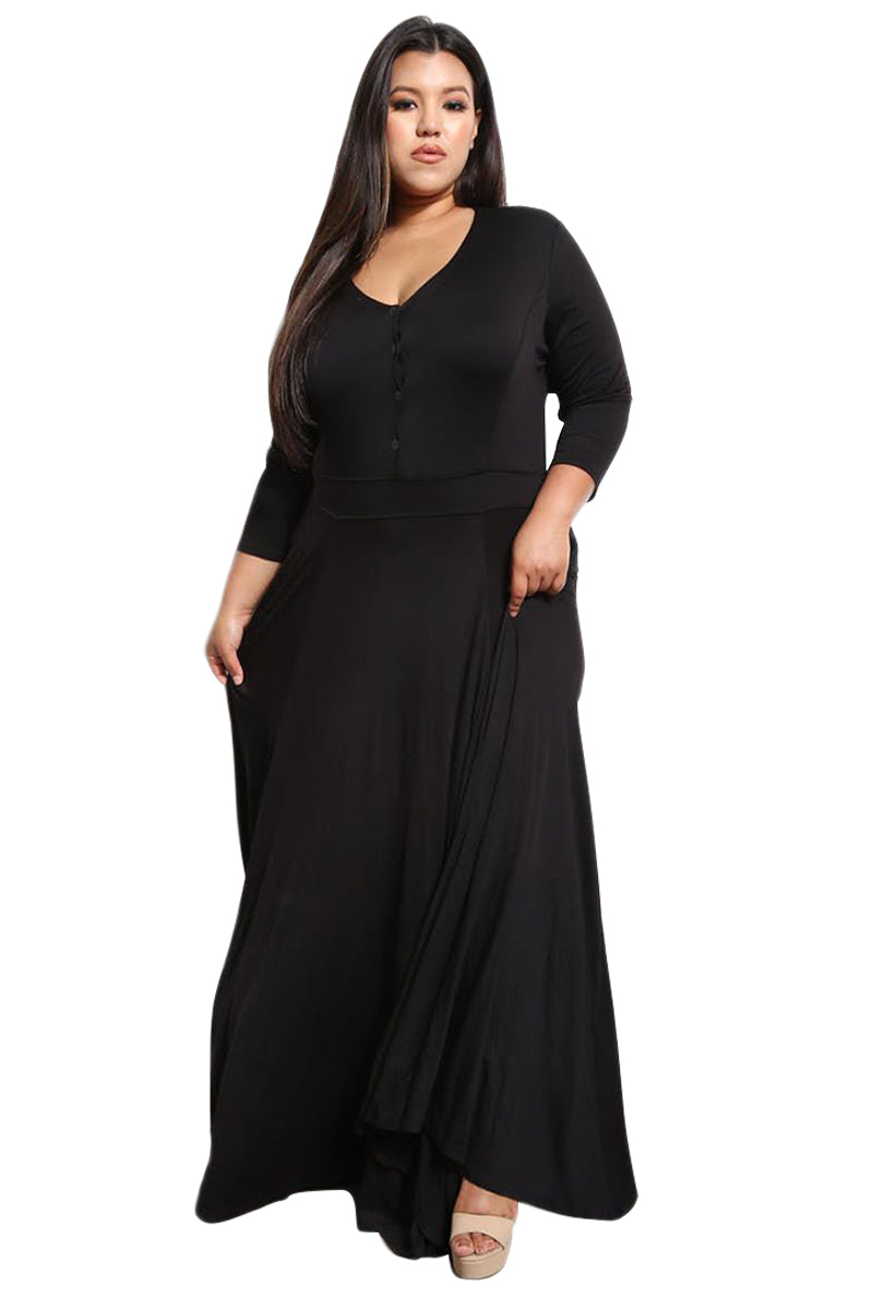 Black Plus Size Pocketed V Neck Maxi Dress