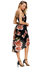 Deep V Neck Floral Print Boho Dress in Black