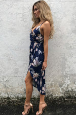 Deep V Neck Multicolor Floral Print Boho Dress in Navy Blue