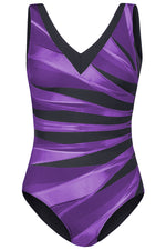 Purple Plus Size Striped Print V Neck Maillot Swimsuit