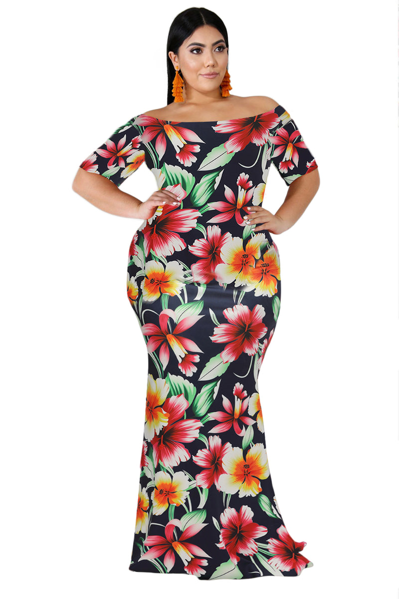 Blue California Poppy Mermaid Plus Size Dress