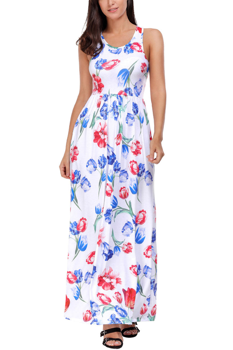 White Blossom Print Sleeveless Long Boho Dress