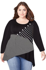 Black Asymmetric Shark Bite Striped Plus Size Top