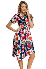 Navy Floral Print Twist Front Handkerchief Hem Dress