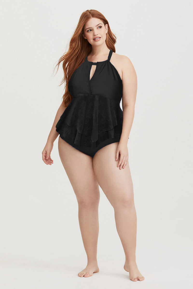 Black Plus Size Lace Surplice Ruffle One-piece Swimsuit