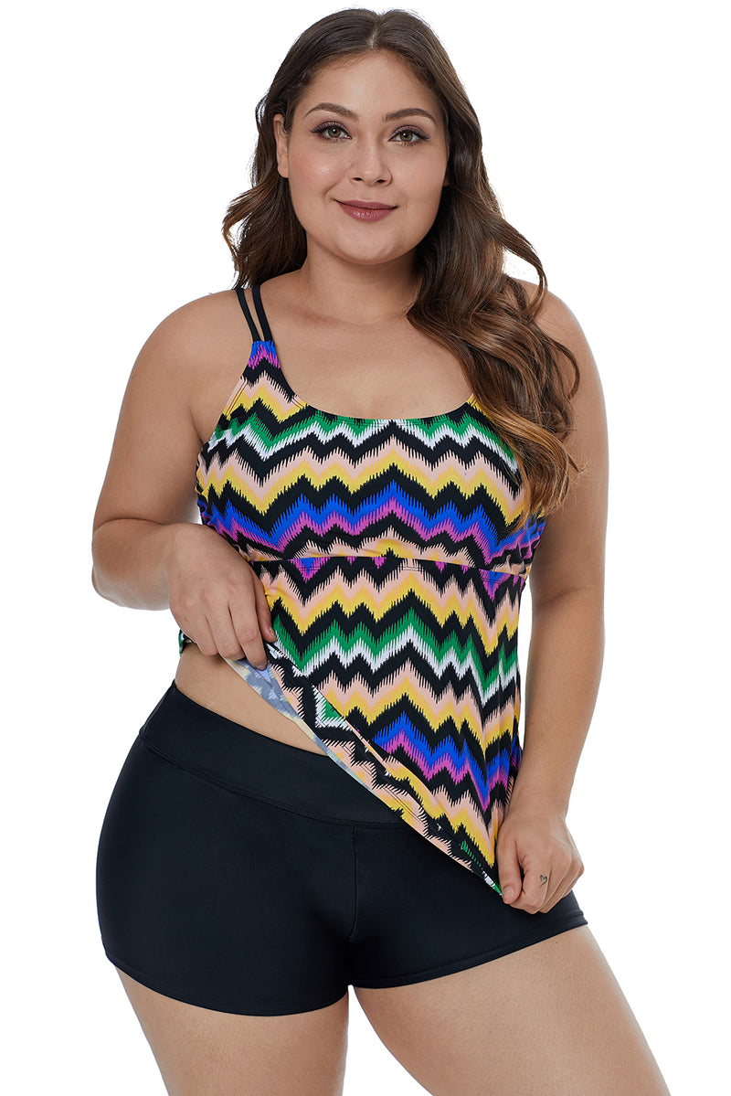 Fuzzy Zigzag Print Tankini Swim Top