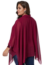 Burgundy Long Sleeve Chiffon Overlay Plus Size Blouse