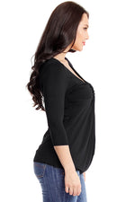 Black Gathered Drape V Neck Plus Size Top