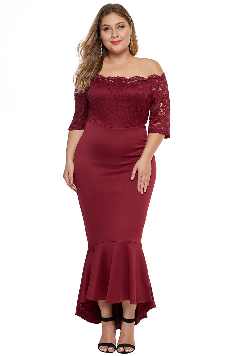 Off Shoulder Scalloped Neckline Lace Bodice Plus Size Dress