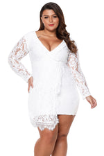 White Plus Size Lace Faux Wrap Ruffle Dress