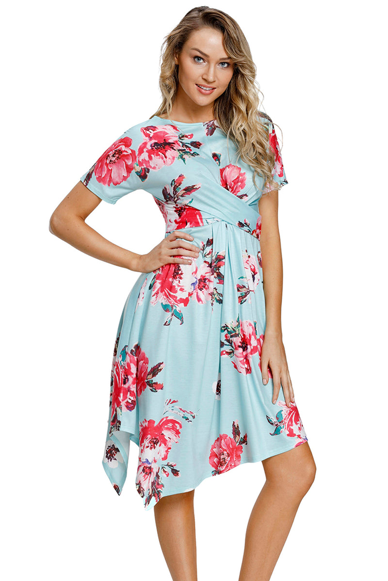 Light Mint Floral Print Twist Front Handkerchief Hem Dress