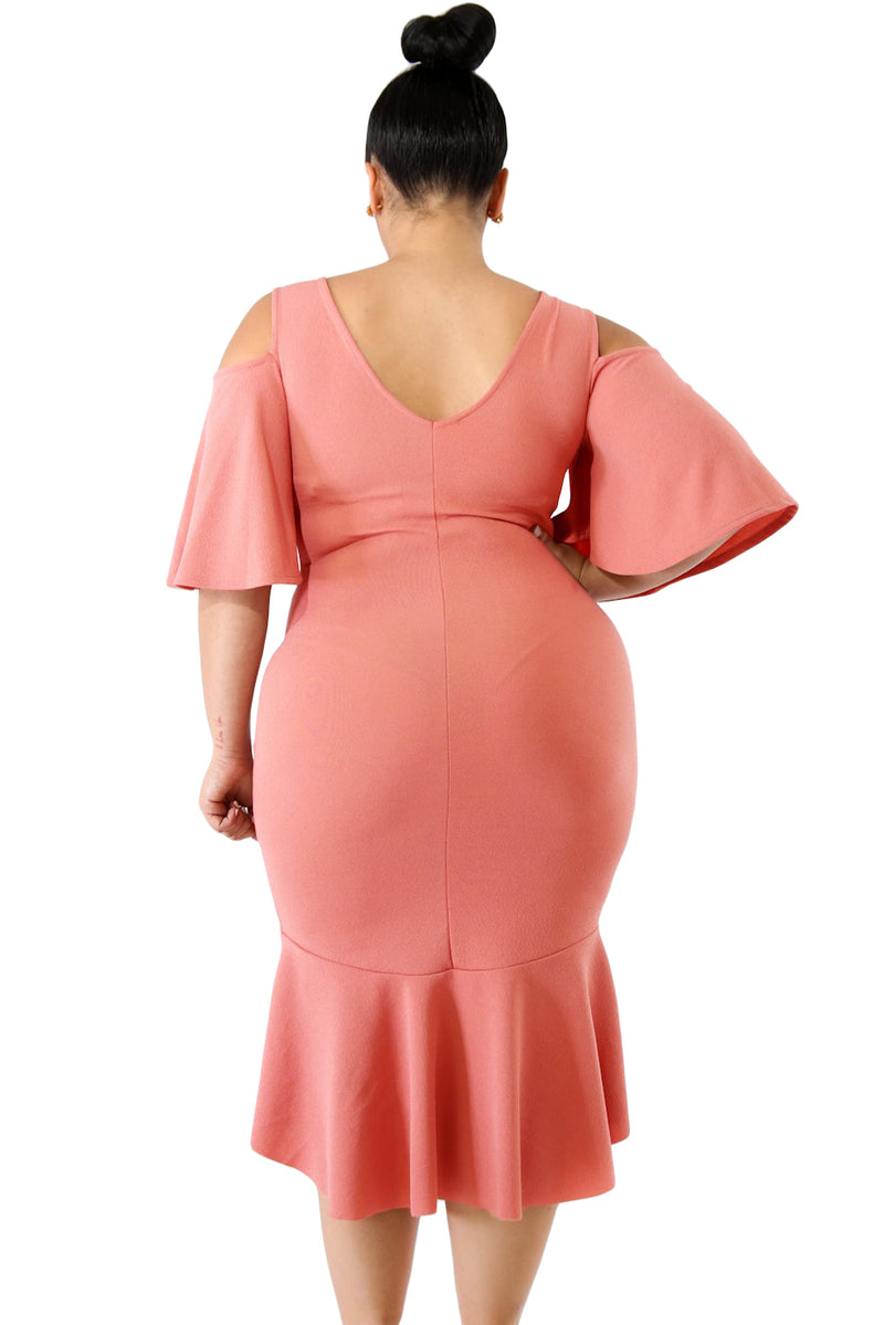 Salmon Flutter Sleeve Cold Shoulder Plus Size Dress