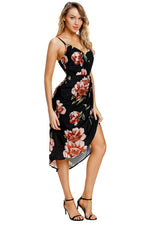 Deep V Neck Floral Print Boho Dress in Black