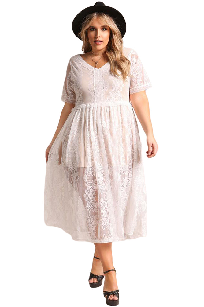 White Plus Size Floral Lace Flared Midi Dress