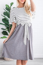 Gray Striped Shirt Tie Front Casual Midi Dress